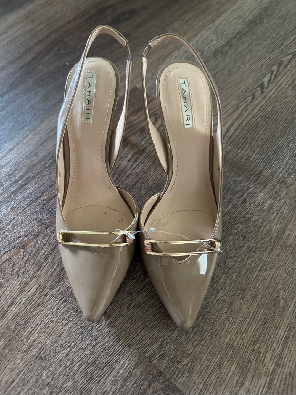 Tahari Nude Patent Pointed-Toe Slingback Heels with Gold Accent